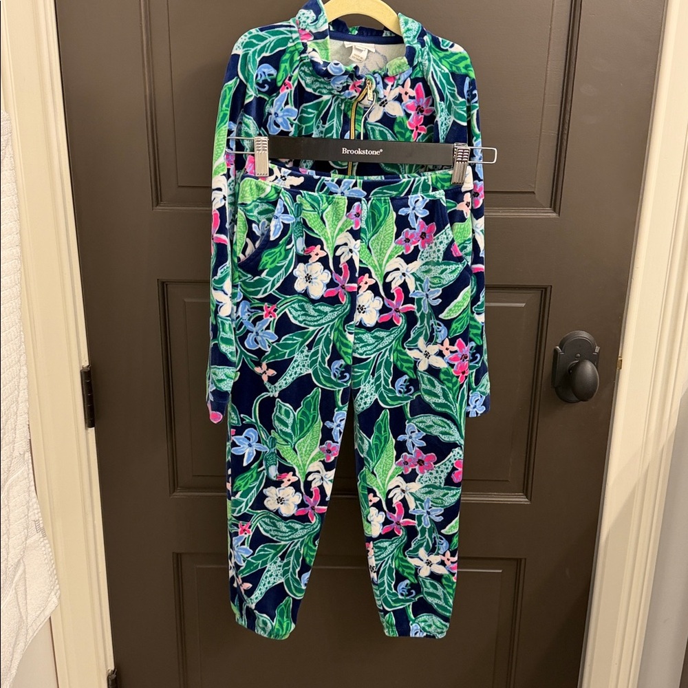 Floral girls little skipper ruffle velour popover zip up set top and pants